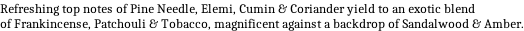 Refreshing top notes of Pine Needle, Elemi, Cumin & Coriander yield to an exotic blend of Frankincense, Patchouli & Tobacco, magnificent against a backdrop of Sandalwood & Amber.